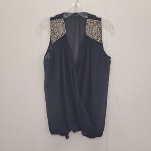 ANGL Sleeveless Beaded Shoulder Draped Sheer Top